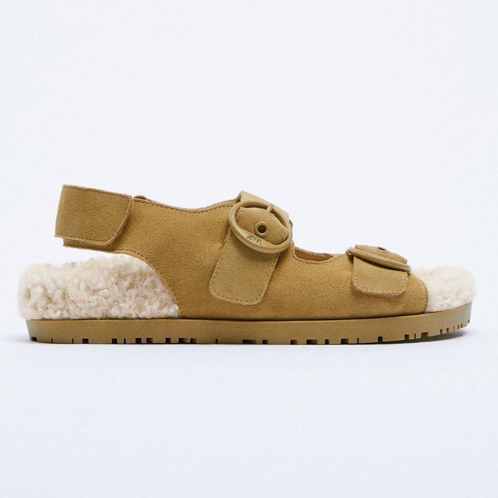 ZARA flat real leather‎ faux straps sandals fur warm and cozy sleepers size 6/7 - Picture 4 of 6